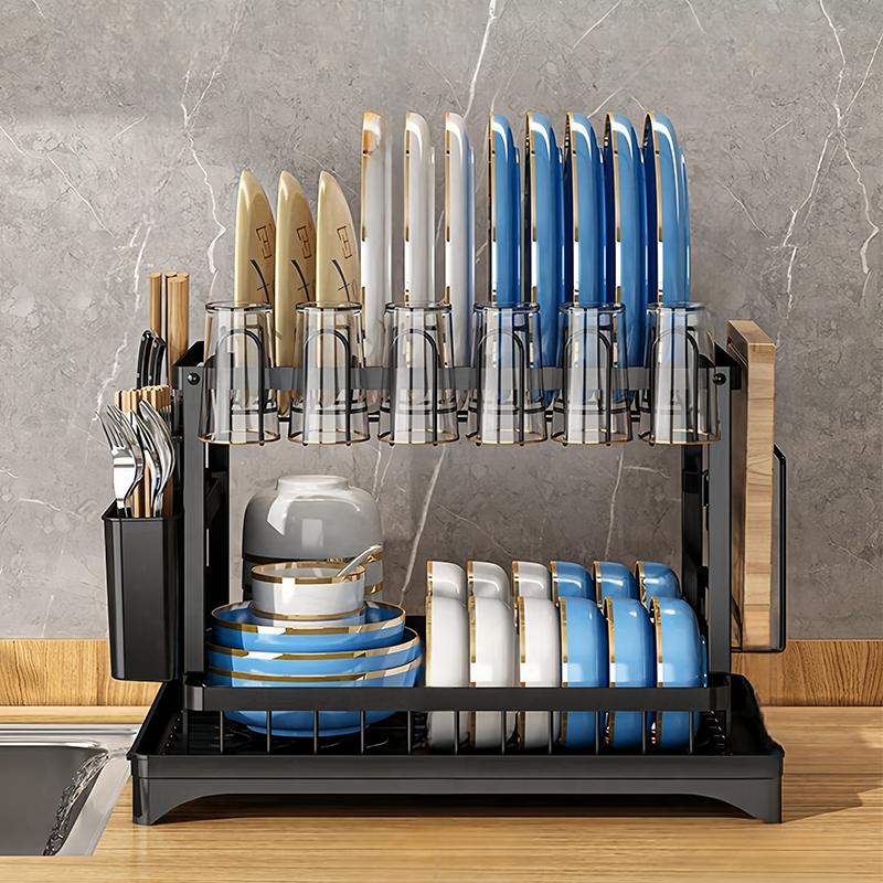 1 set of double-layer bowl and dish storage racks with cup holders, large capacity, suitable for kitchens, restaurants, etc