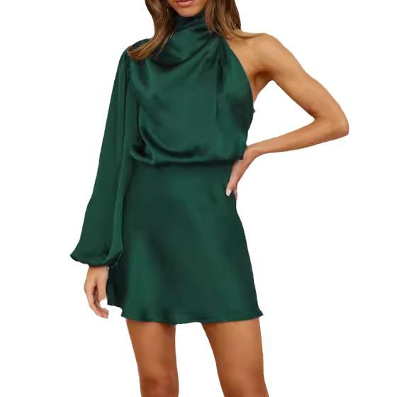 2024 Spring Women's Satin One-Shoulder Mini Dress with Long Sleeves