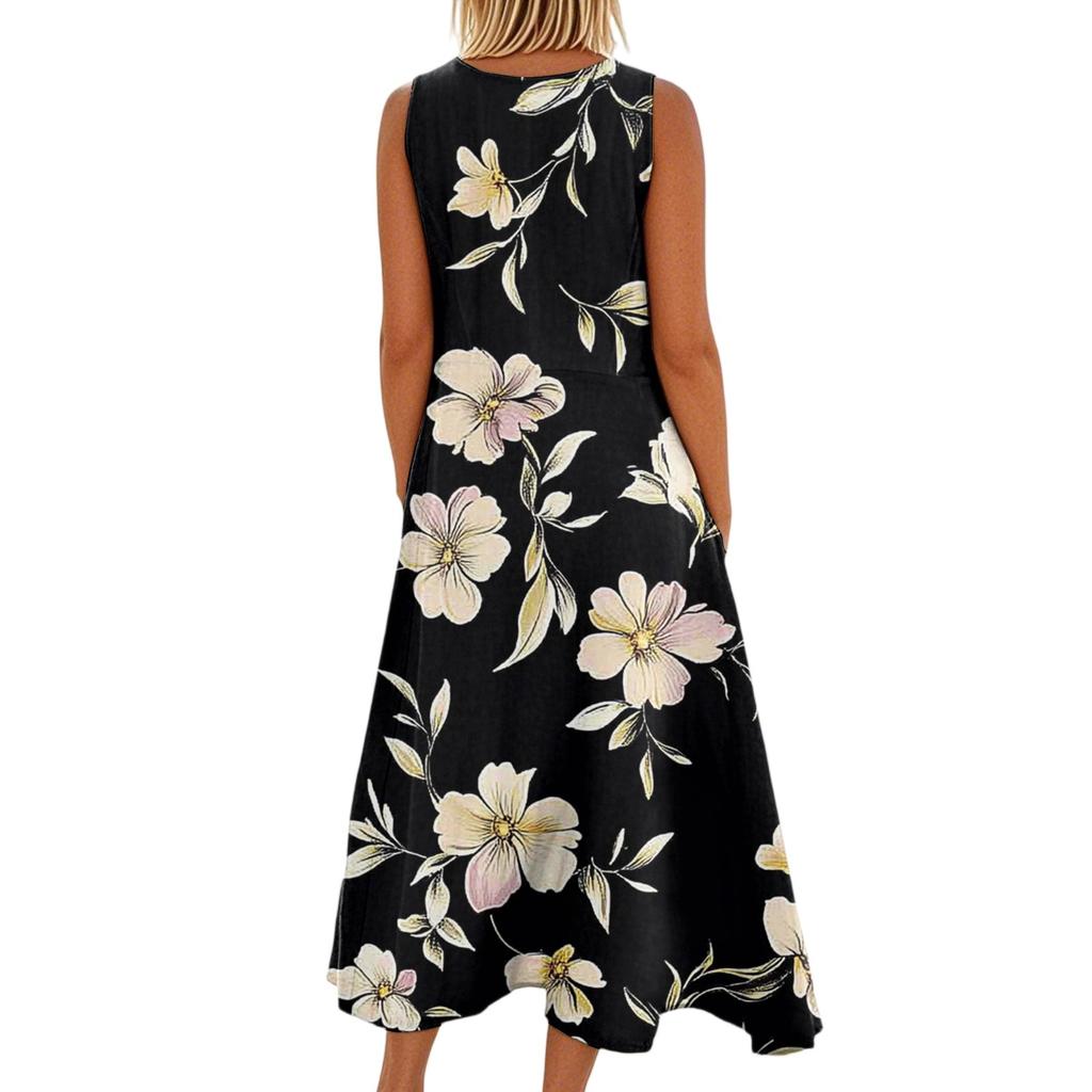 Women's Fashion Summer Casual Sleeveless Floral Printed Small Pocket Dresses