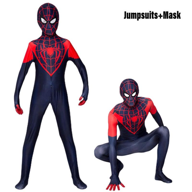 Spider-man Miles Morales Cosplay Costume For Adults And Kids Polyester Fiber Jumpsuit And Hood Included