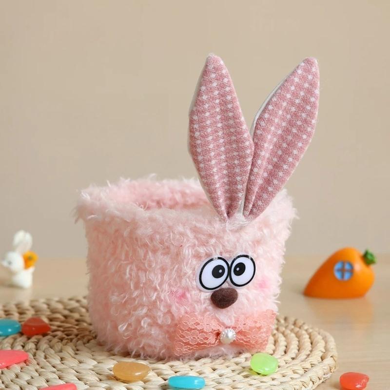 55KF Bunnies Easters Buckets with Long Plush Ear Easters Eggs Baskets Easters Party Decors Candy Bowl Easters Basket