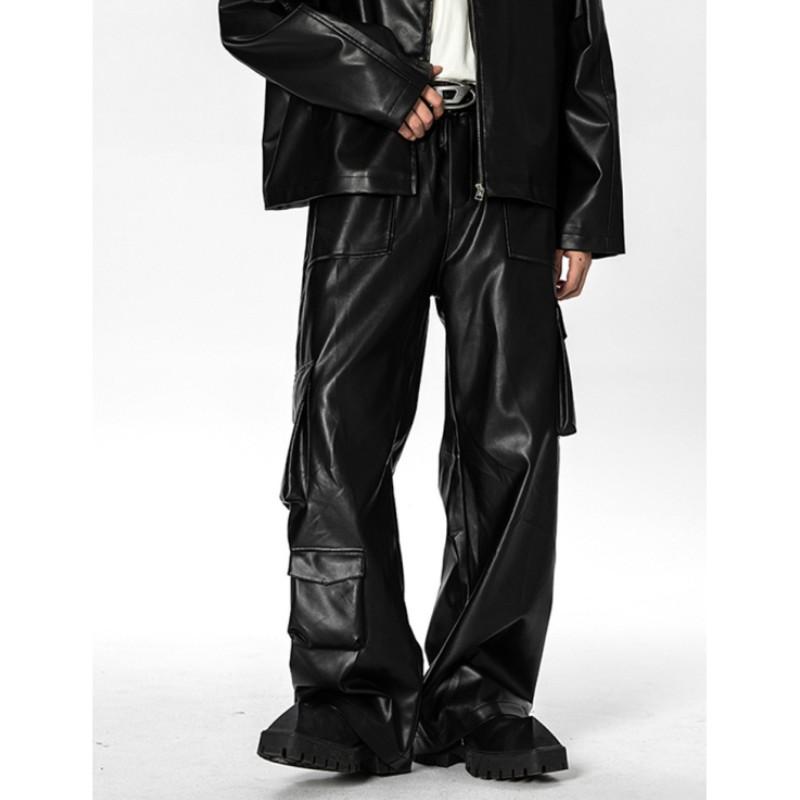 Men's Fall Hip-Hop Punk PU Leather Pants High-Street Multi-Pocket Workwear Trousers