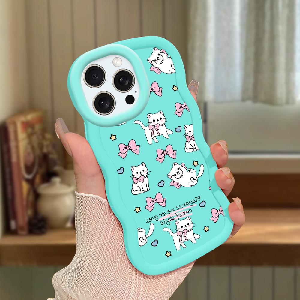 For iPhone Redmi 13 13C 14C Note 13 12 Pro Samsung A05 A06 A13 A14 A15 A16 Honor X6 X6a X8 X8a Soft Wave Edge Bowknot Kitty Pattern Phone Case