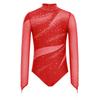 Leotardo de patinaje artístico para niñas Cuello alto Manga larga Espalda descubierta Parche de malla Patchwork Brillante Pedrería Bodis