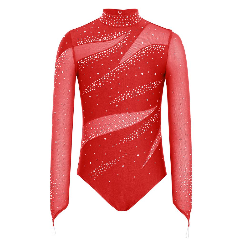 Leotardo de patinaje artístico para niñas Cuello alto Manga larga Espalda descubierta Parche de malla Patchwork Brillante Pedrería Bodis