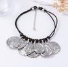 Trend Light Luxury Retro Pleated Alloy Round Coin Multi-layer Leather Rope Necklace, Casual Daily Woman