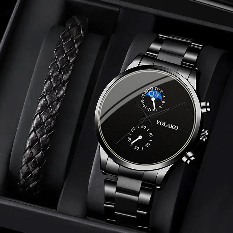 

2 шт./комплект Чоловічий діловий спортивний кварцовий годинник Класний модний аналоговий наручний годинник із циферблатом дати та браслет, подарунок для нього