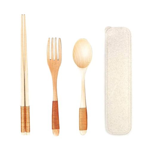Wooden Chopsticks, Spoon, and Fork Set, Natural Wood, Portable, Bento Chopsticks, Spoon and Fork, Bento Chopsticks, Bento Fork, with Case, Camping Gea