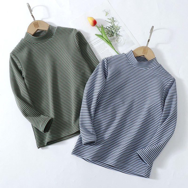 Half-Turtleneck Base Layer Shirt, Long-Sleeved T-Shirt for Boys and Girls, Striped Warm Top for Older Children, Autumn and Winter Children's Clothing