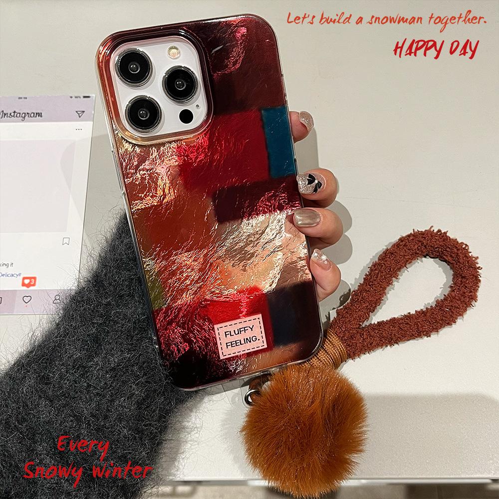 New Color blocked Furry Lanyard Mobile Phone Case Suitable for Apple 16promax Swirl Iphone15 Protective Case for Women 13