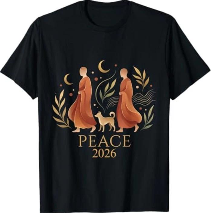 Walk Peace 2026 World Peace Monks with Aloka Dog Spiritual T-Shirt 3XL