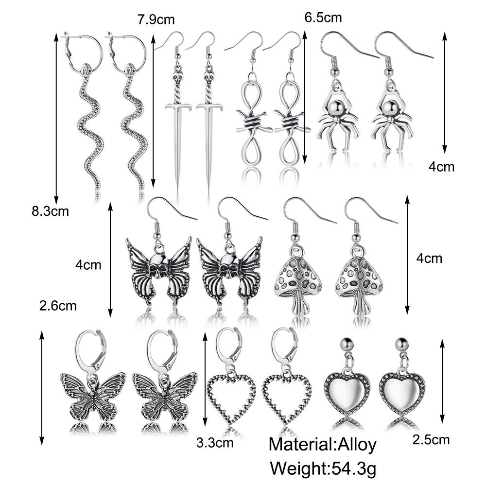 Vintage Heart Butterfly Snake Earrings for Women Goth Darken Punk Skull Retro Silver Color Metal Earring Set Jewelry Accessories
