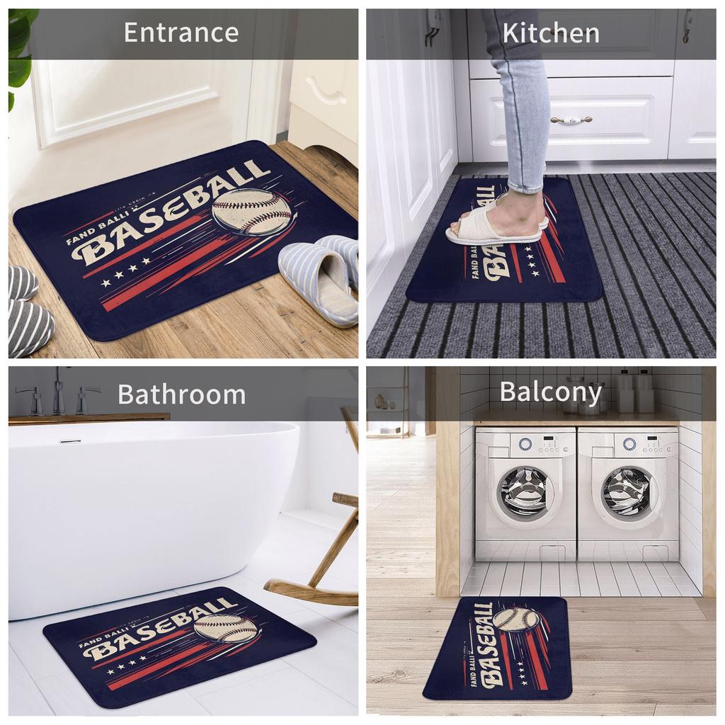 Baseball doormat-Vintage stitched baseball, red and white star stripe dark blue bottom, soft suede non-slip machine washable