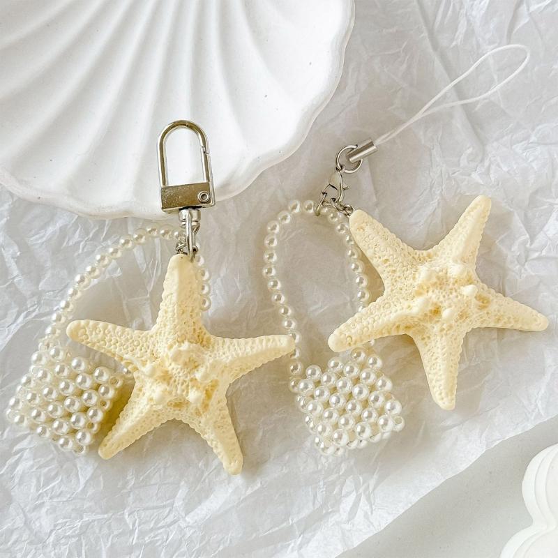 Elegant Starfish Keychain Pearls Accent Portable Purse Accessory