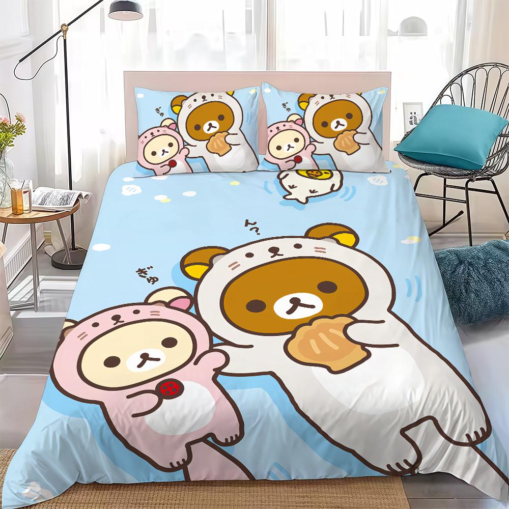Мультяшная R-Rilakkuma Милый Комплект Пододеяльника Домашний Стиль Постельное Белье Мягкий Стираемый Хлопок Кровать 3-х Предметный Комплект Подарок для Студенческого Общежития 135x200cm