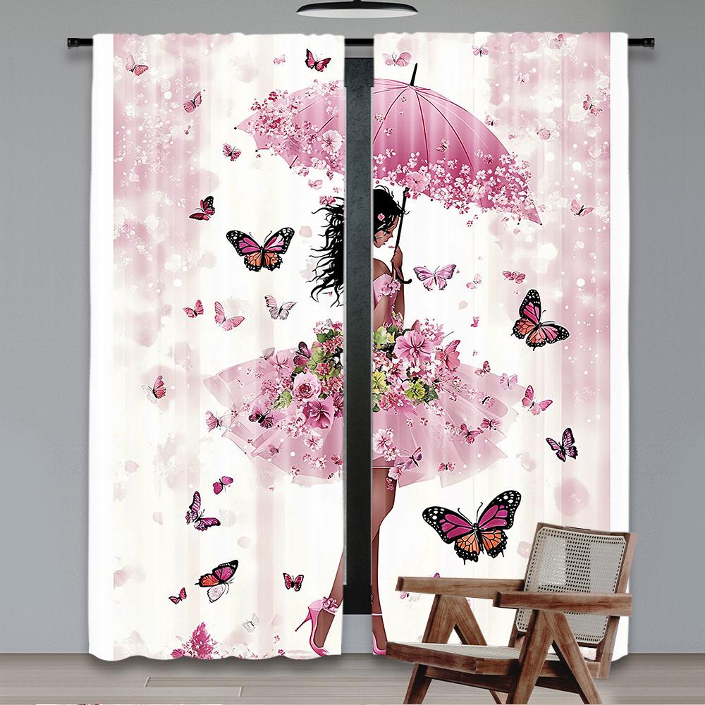 2Pcs Feminine Curtain With Floral Umbrella And Dress Walking With Butterflies For Bedroom Living Room And Dining Room