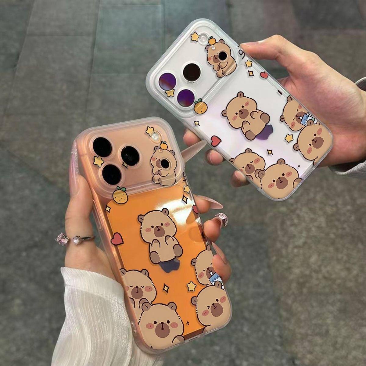 

One-Piece Capybara Button Phone Case for Apple 17/16/15/14 - Korean Style, Thin, Transparent Apple 14 Pro Max