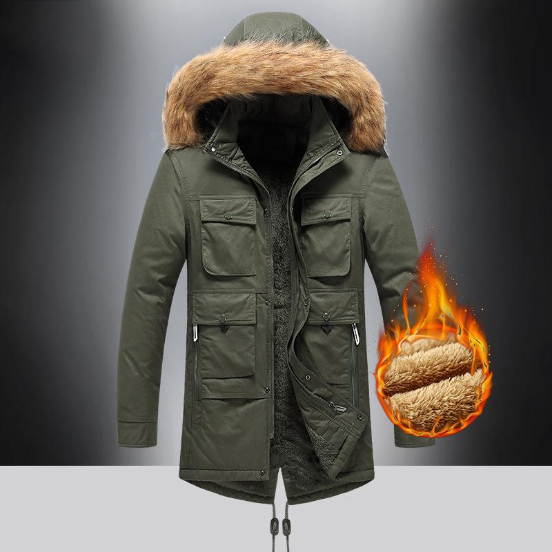 Winter Men's Velvet Thickened Medium and Long Loose Coat Padded Jacket Middle-aged and Elderly Padded Clothes Men's Dad Clothing