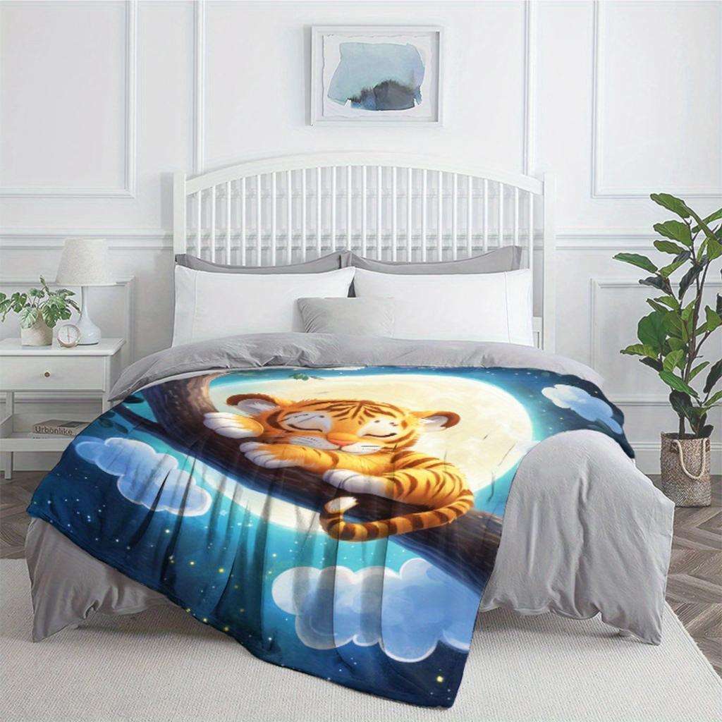 Cute sleeping tiger on tree branch moon night sky flannel blanket baby toddler blanket nursery decor animal theme soft blanket