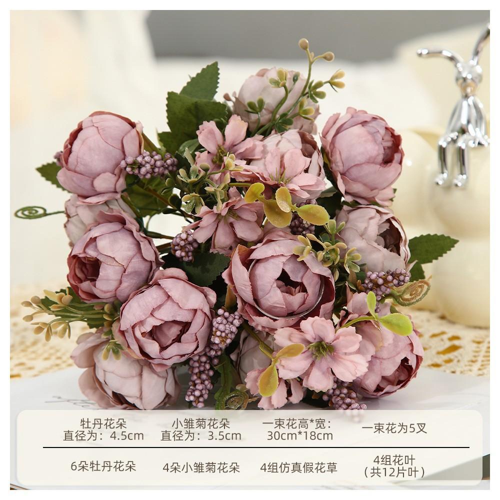 Blush Pink Artificial Peony Bouquet, Fake Silk Flowers with Greenery for Home Wedding Decor