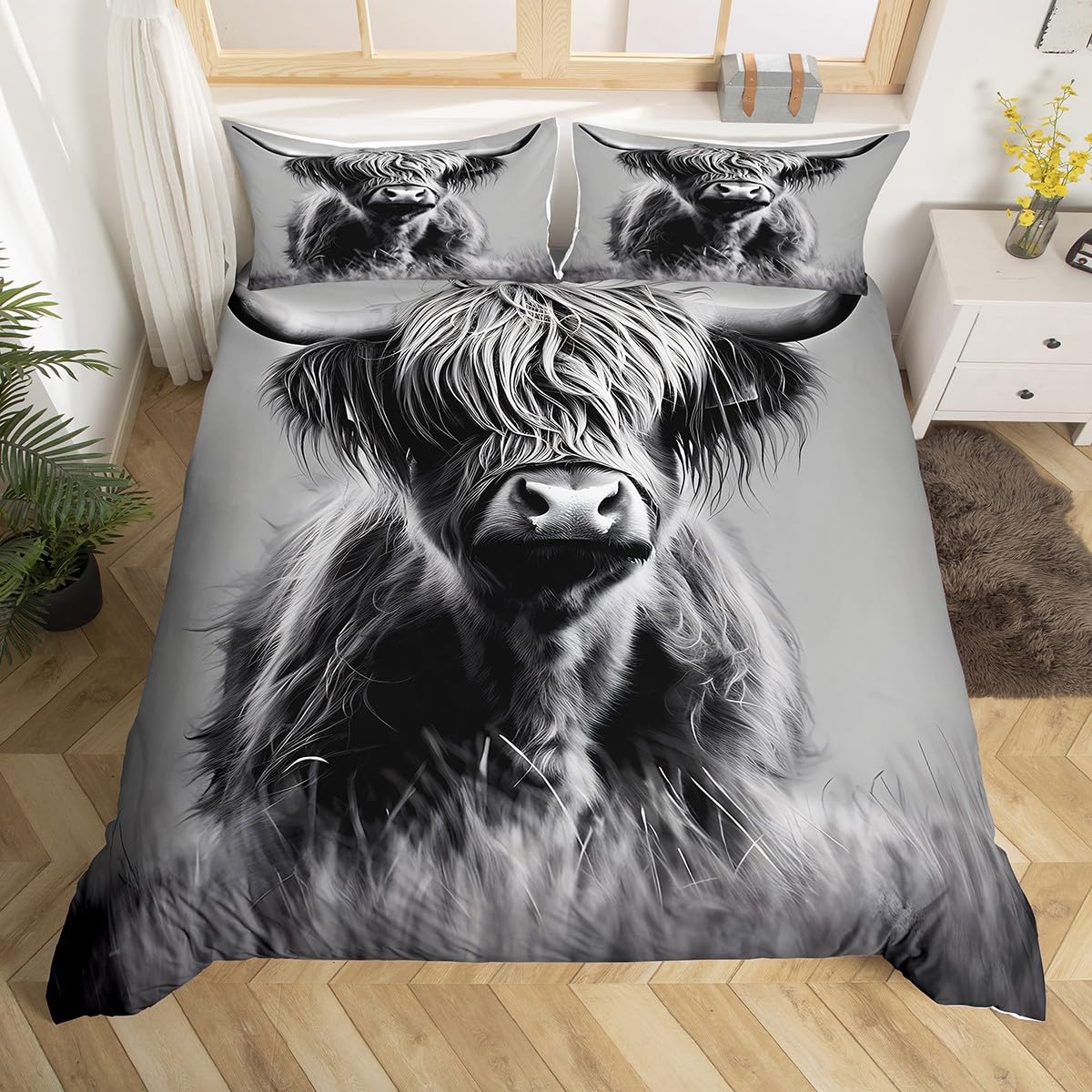 

Підодіяльник Highland Huttle Геометрична дерев яна дошка Сільський набір постільної білизни Квіти Тварини Фермерська ковдра Підодіяльник Корова Підодіяльник 155x215cm 3pcs