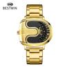 Fashion Men Irregular Tonneau Shape Quartz Watch Creative Rotating Dial Stainless Steel Bracelet Wristwatch