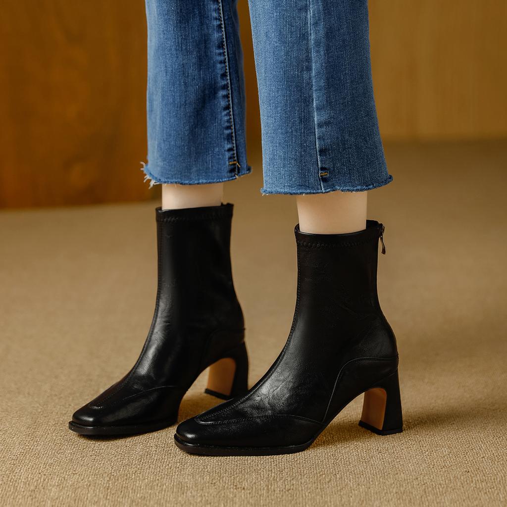 French Retro Square Head High-heeled Short Boots Women's Autumn New Rear Zipper Soft Leather Fashion Temperament Versatile Commuter Martin Boots