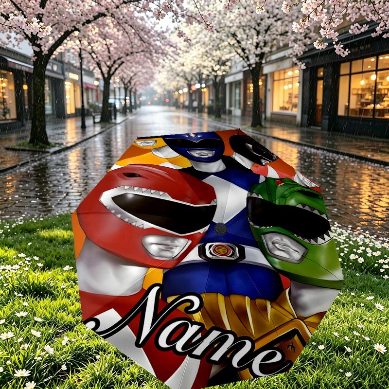 Custom Name Personalized Mighty Morphin Power Rangers Print Umbrella, Auto Open Close, 8‑Rib Sturdy Frame, Commute Camping Hiking Use, Birthday Gift