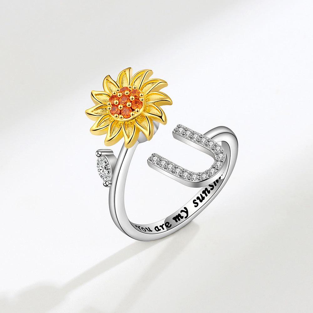 Creative Sunflower Rotating Ring 26 Letters Adjustable Open Design Women's Fashion Finger Jewelry Daily Wear & Gift Accessories