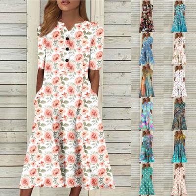 Damen-Kleid mit V-Ausschnitt und kurzen Ärmeln, bedrucktes Freizeitkleid mit Taschen