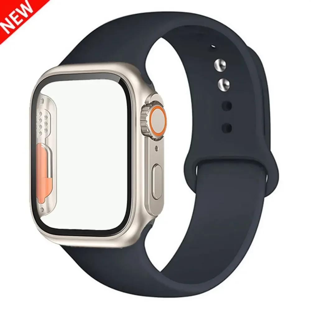 Silicone Strap+Case For Apple Watch Band 44mm 45mm 41mm 40mm Tempered Glass Cover Change to Ultra iWatch Series 9 8 7 SE 6 5 3
