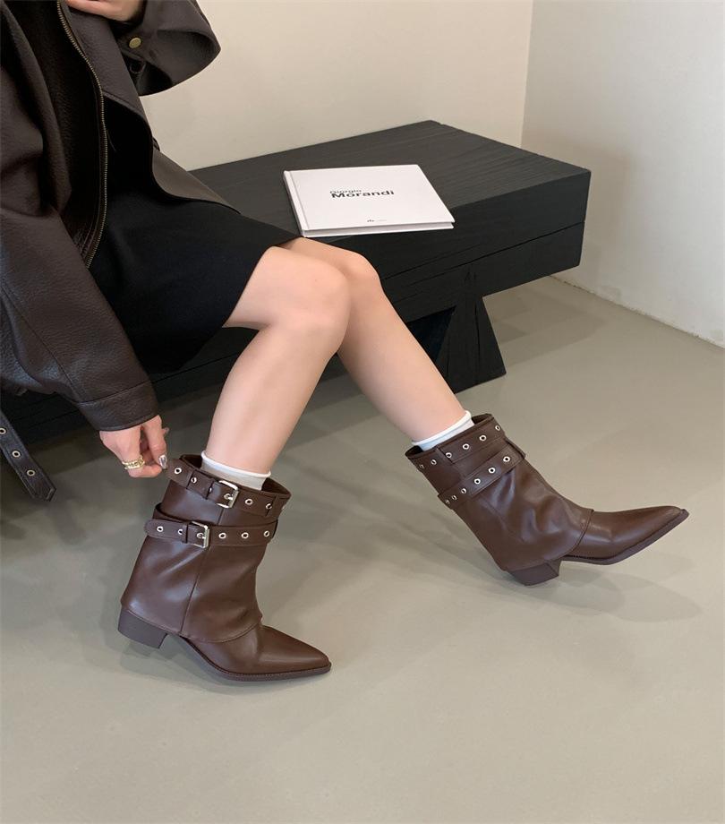 American Spice Girls Belt Buckle Pants Boots Short Boots Women's Boots 2025 Early Autumn New Niche Design Short Boots Western Boots