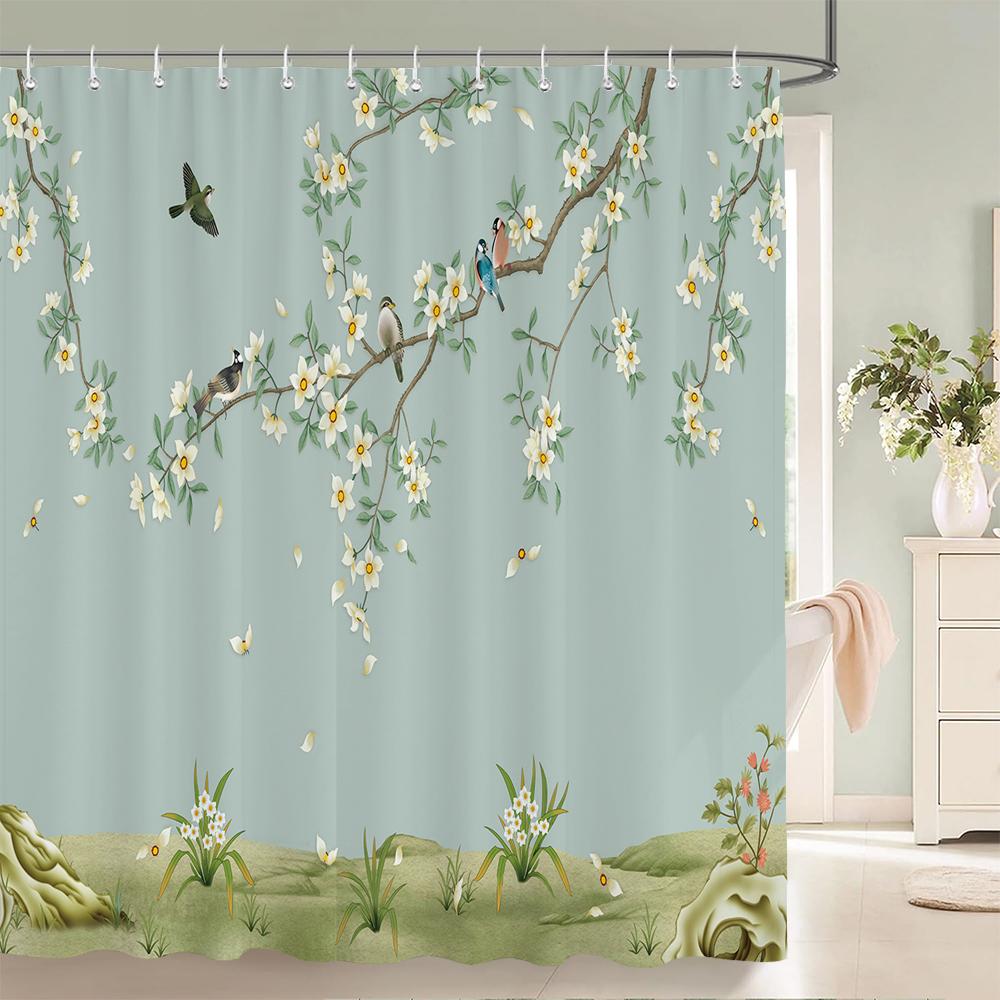 Flowers Birds Bath Curtain Waterproof Fabric Shower Curtains Floral Leaves Landscape Printing Bathroom Screen Home Decoration