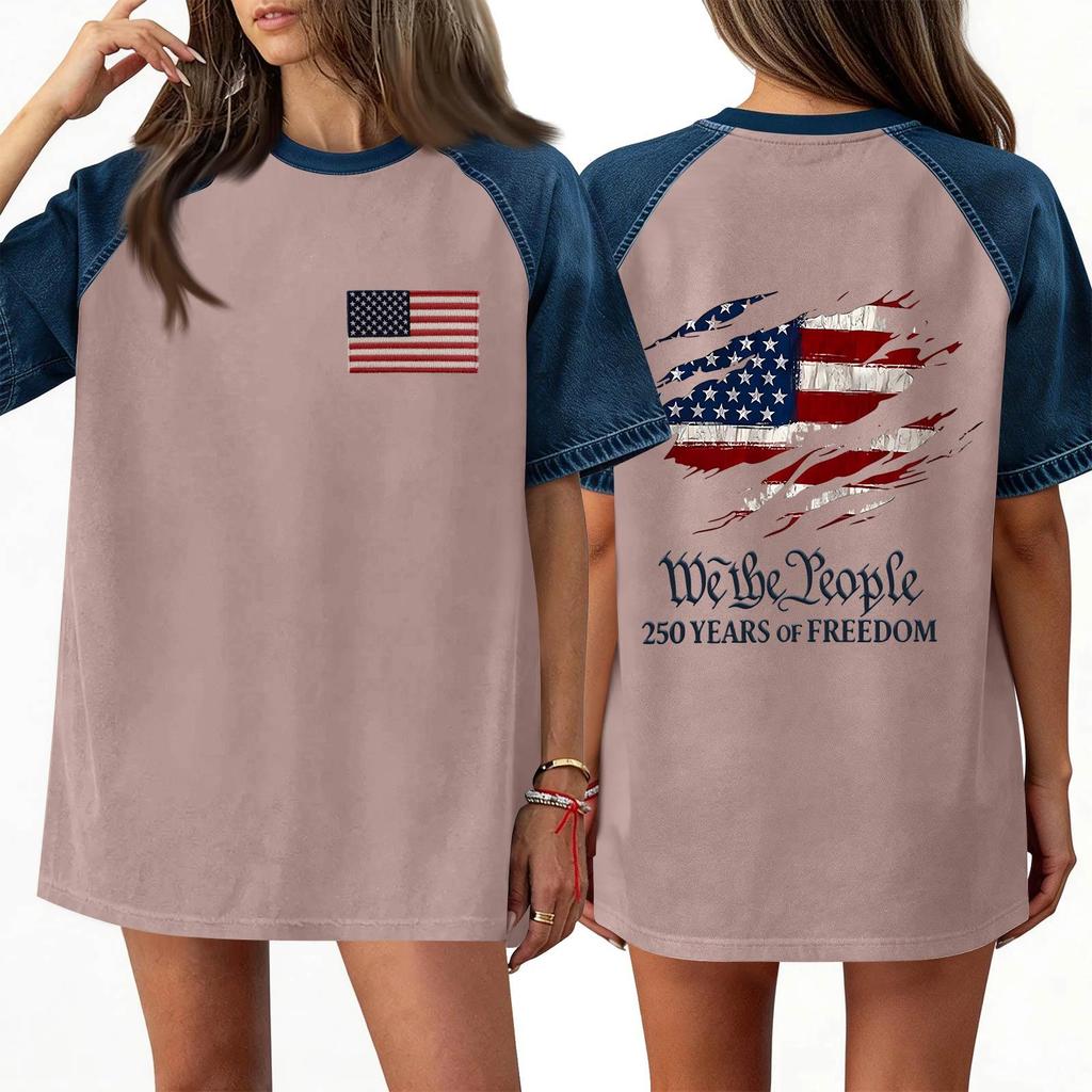 Denim Patchwork Shirts For Women Stand Collar Casual Blouse Short Sleeve Comfy Tshirt Spring Summer Fashion