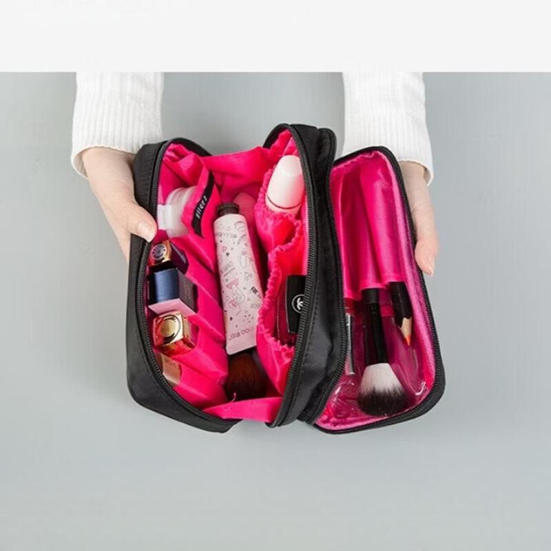 Nylon Double Zipper Travel Cosmetic Bag Black (Inner Pink)