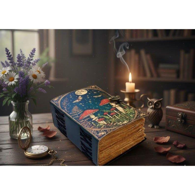 Mushroom Leather Grimoire Journal: Handmade Antique Deckle Edge Book