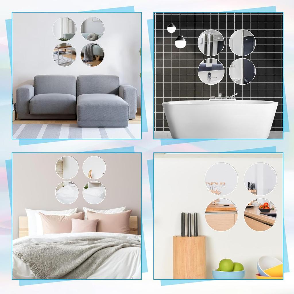 4 Pcs Mirror Sticker, 6 inch Round Adhesive Mirrors, Acrylic Mirror Wall Stickers Self Adhesive for Bathroom, Home, Living Room, Bedroom Decor
