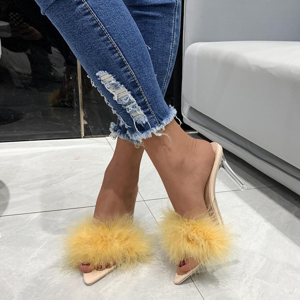 fashion 2024 New Summer High-heeled Plus Size Sandals and Slippers Women Fine-heeled Suede Furry Pointed Toe Fashion Women's Shoes