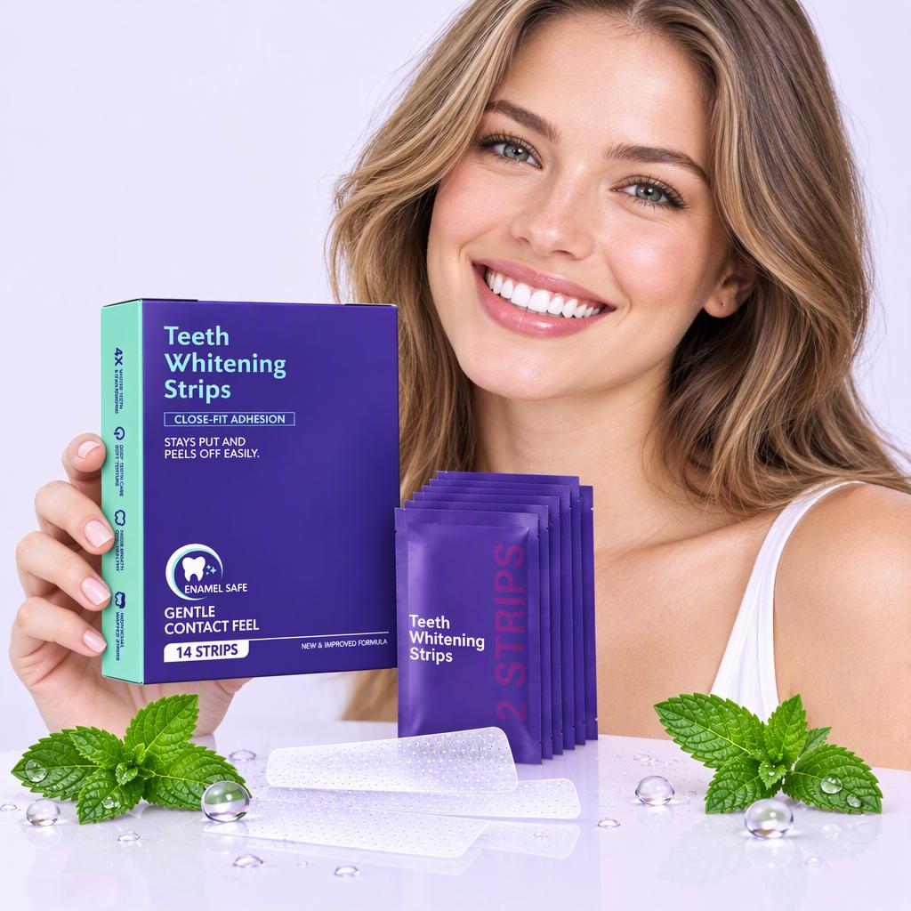 Teeth whitening strips: precisely fit the teeth, gently brighten the tooth color, leave a fresh scent, and are portable and easy to use