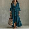 Women's Retro Color V-Neck Three-Quarter Bell Sleeve Ruffle Trim Loose Fit Dress