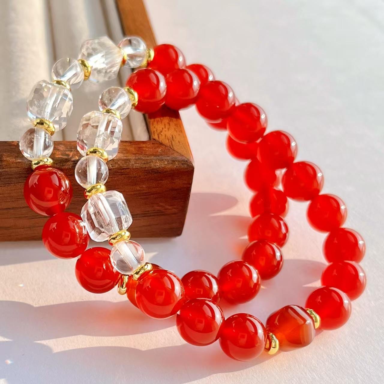 10Mm Retro High Quality New Year S Red Pigeon Blood Red Natural Chalcedony Agate White Crystal Bracelet Bracelet