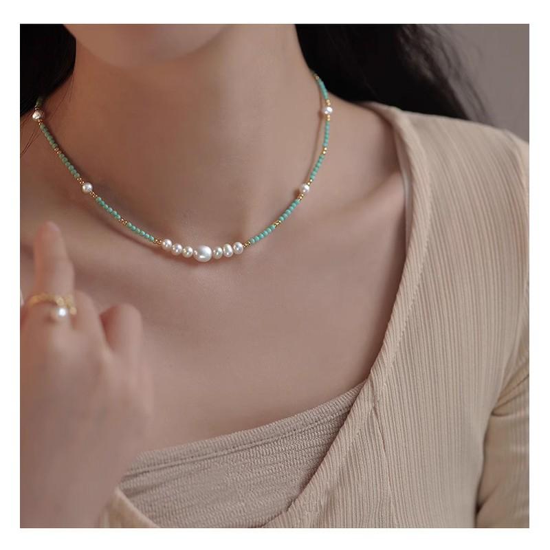 Natürliche Süßwasserperle Türkis Perlen Anhänger Halskette Damen Zarte Kette Boho Chic Schmuck