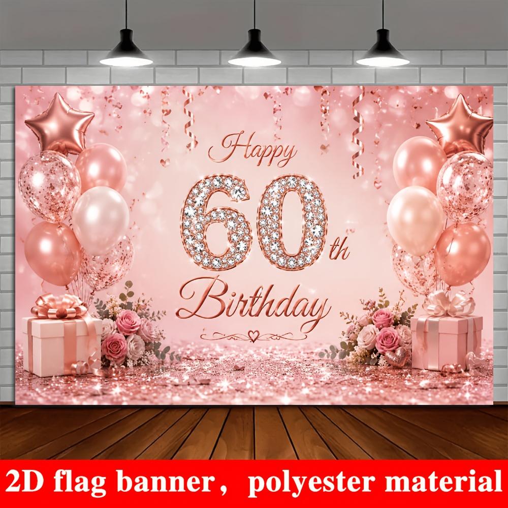 Rose Gold 60th Birthday Party Backdrop Banner, Rhinestone Number 60 Balloons Gifts Roses Glitter Photo Background, Polyester Wall Decor