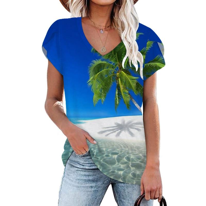 Camicette 2023 Estate Manica Corta T-Shirt da Spiaggia Moda Donna Streetwear Stampa T-shirt Girocollo T-shirt Ampia Abbigliamento Elegante 25702