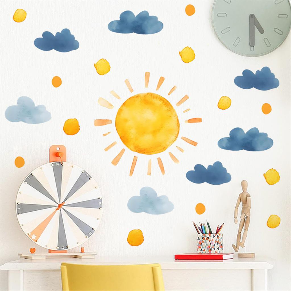 Bohemian Watercolor Sun and Cloud Wall Decals, Self-Adhesive Peel and Stick Stickers for Kids Bedroom, Kindergarten Decor