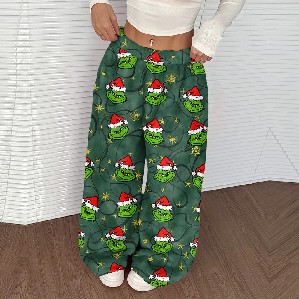 Women's Casual Christmas Print Elastic Waist Loose Fit With Plush Wide Leg Pants