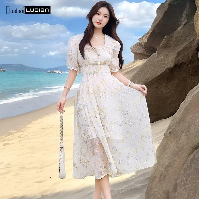 Women's Square Neck Floral Print A-Line Maxi Dress