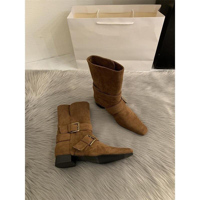 Korean Version Retro French Short Boots Small Square Head Western Boots Medium Boots Women'S Boots