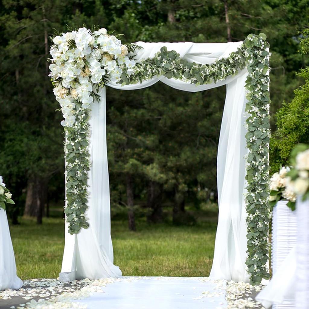 Eucalyptus Garland with White Flowers 4 Packs 5.9Ft Artificial Silver Dollar Eucalyptus Leaves Plant Fake Greenery Hanging Ivy Vines Faux Wreath