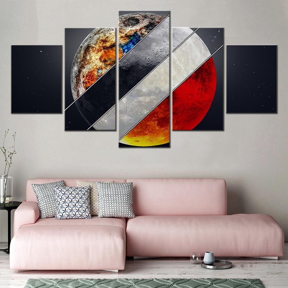 5 Pieces Canvas Wall Arts Poster Painting Space  Mineral Moon Supermoon Wallpaper Home Decor Picture Print Living Room Artwork No Frame
